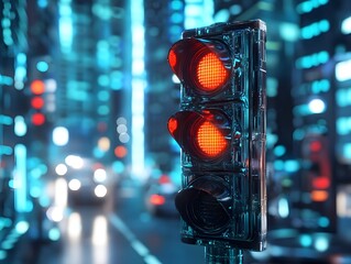 Urban traffic signal in nighttime cityscape