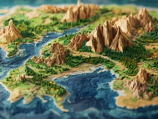 Detailed 3d map of a mountainous landscape with rivers and forests