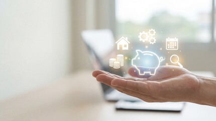 Open hand supporting financial growth through digital innovation modern office infographic bright environment close-up perspective