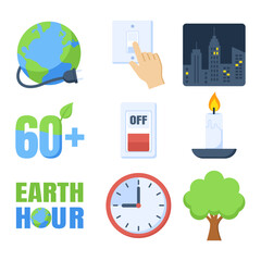 Earth Hour and Energy Saving Icon Set, Flat Vector Illustration of Global Environmental Awareness, Switch Off Lights, and Climate Change Action