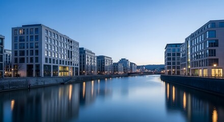 Fototapeta premium European old town by the river at golden hour sunset