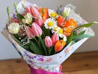 Vibrant spring bouquet in floral wrap