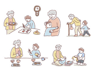 おばあちゃんと孫の暮らし、セット © POMO@Ymo
