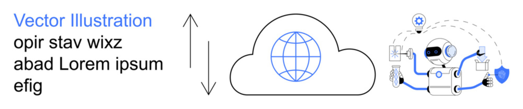 Cloud storage, artificial intelligence, data security, digital services, technology innovation, connectivity. A robot managing data connected to a cloud. Cloud storage and artificial intelligence