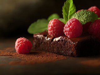 Rich chocolate dessert garnished with fresh raspberries and mint leaves