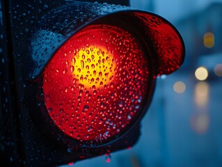 Red traffic signal on rainy day