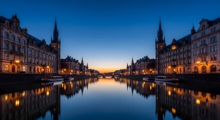 Naklejka premium Historic European city at night beside a river