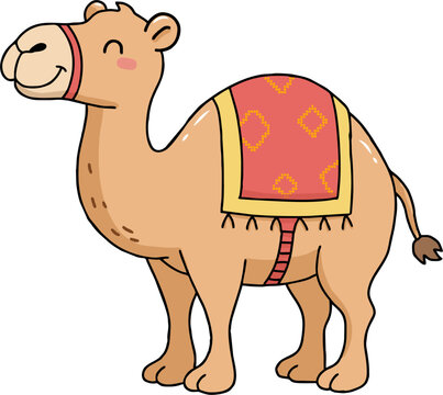 Cute cartoon camel character walking on desert for Islamic or wildlife concept