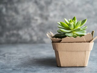 Small succulent plant in simple cardboard pot
