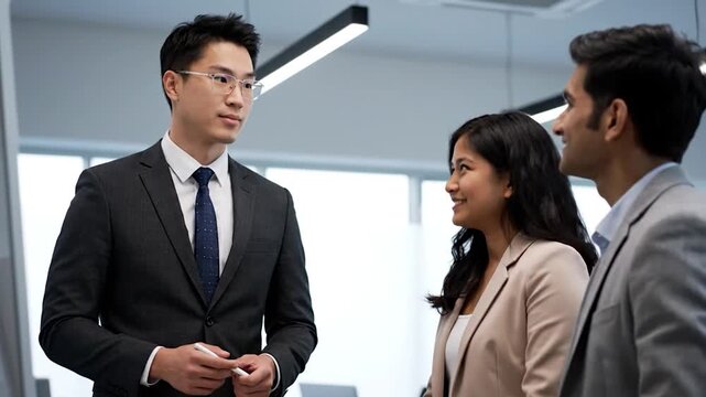 Three colleagues in suits engaged in conversation, two men and one woman