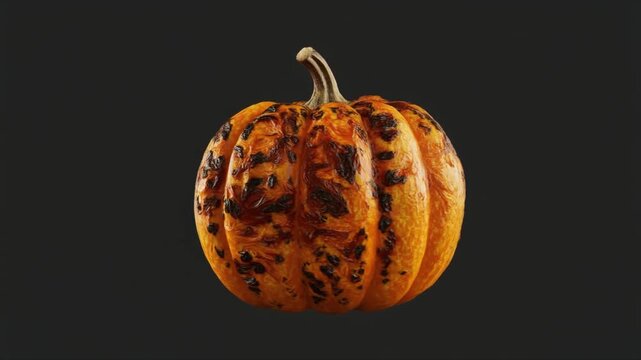 A small orange pumpkin with dark spots on a dark background.