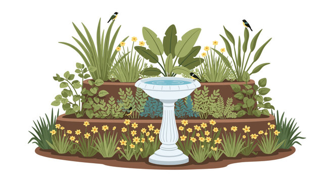 Beautiful birdbath in a tiered garden surrounded by lush green plants and small yellow flowers in a peaceful outdoor setting illustration.