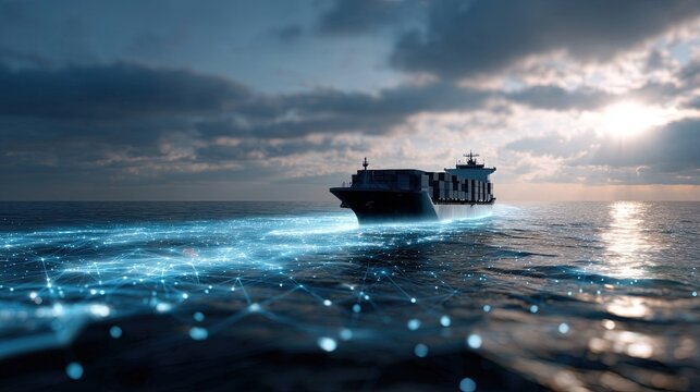 A large container ship travels across the ocean with glowing blue digital data streams connecting across the water