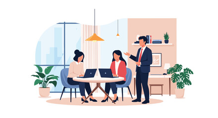 Fototapeta premium Professional business team meeting where two women work on laptops at a table while a man in a suit gives a presentation in a modern office.
