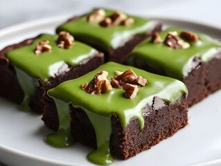 Delicious matcha brownies with walnut topping