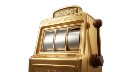 Golden Retro Slot Machine With Jackpot Sign Showing Wheels and Handle isolated on transparent background