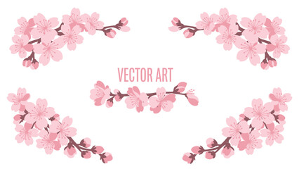 Cherry Blossom Branches Vector Art - Pink Spring Flowers & Buds Isolated