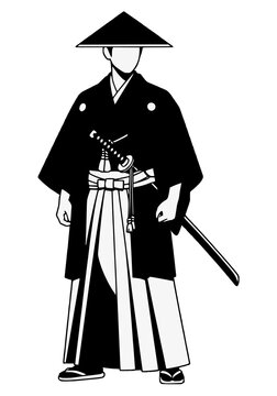Japanese samurai warrior wearing traditional black kimono and hakama with katana