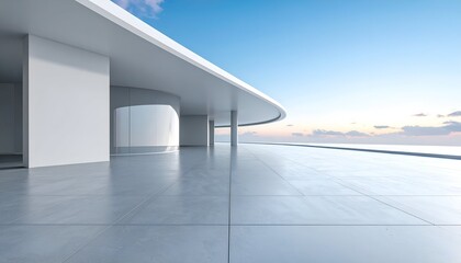 Obraz premium Modern architecture with a curved roof overlooking an open-air terrace, sky, and sea
