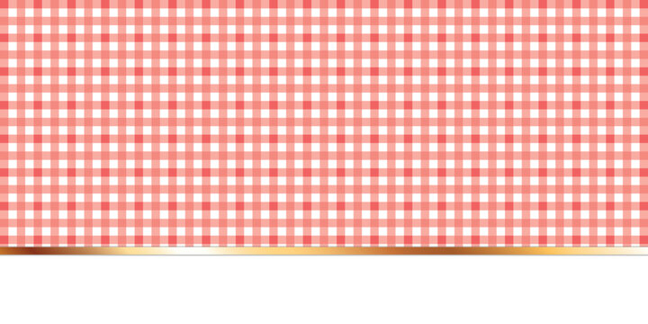 Classic red and white checkered gingham pattern background with an elegant golden horizontal border line at the bottom for kitchen or picnic design