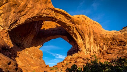 Natural sandstone arch framed against a brilliant blue sky, showcasing geological formation