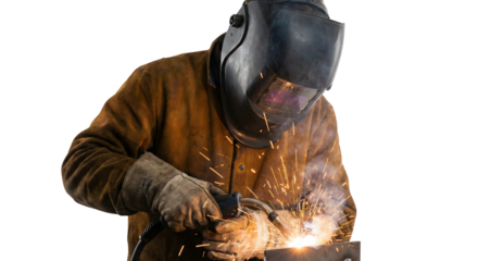 Welder Wearing Protective Gear and Mask Creating Sparks with Torch During Industrial Metalwork isolated on transparent background