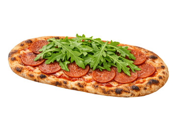 Pinsa with pepperoni and arugula, italian flatbread pizza prepared for quick and tasty meal, transparent background