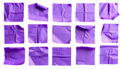 Fifteen purple, crumpled and folded paper sheets arranged against a stark black background