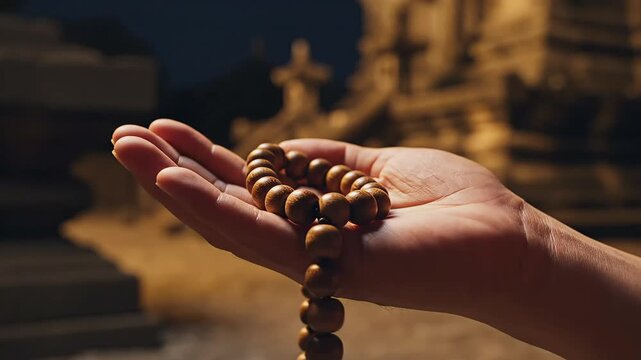 Person holding brown wooden prayer beads rosary mala in hands for deep devotion and spiritual worship at night