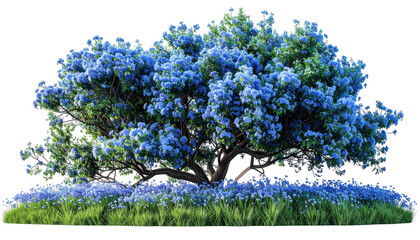 Lush blue-flowered tree with vibrant green foliage, surrounded by a grassy bed