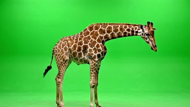 A giraffe with its long neck and distinctive pattern standing gracefully on a solid green background.