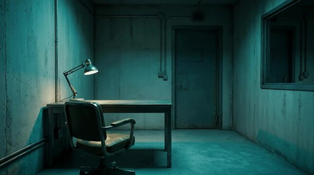 Dimly lit interrogation room with table, chair, lamp, and observation window mystery set interrogation room.