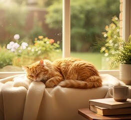 Fototapeta na wymiar Relaxed domestic cat at home, indoor