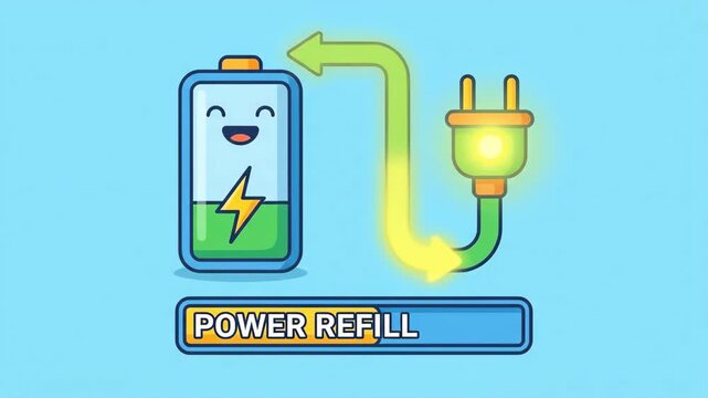 Cartoon battery with a happy face receiving a power refill from an electric plug, symbolizing energy charging, sustainability, and green technology in a light blue background