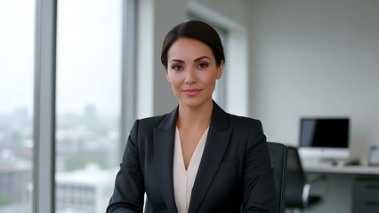 Successful Business Woman Long Shot in Minimalist Glass Office.