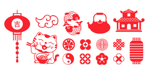 set of red vector asian symbols