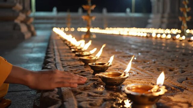 Traditional hindu deepam oil lamps lit in row during diwali festival ceremony in temple courtyard at night