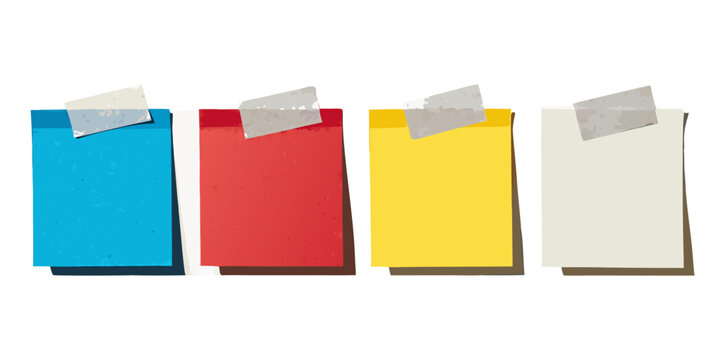 Colorful sticky notes with tape, blank for text on transparent background. Set of blank realistic post note stickers template with shadow. Office stationery, reminder notes for planning or message.