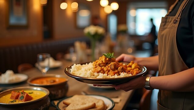 Realistic lifestyle photograph of a server carrying a tray with Asian cuisine dishes such as noodles, dumplings, and rice bowls inside a contemporary restaurant, warm soft lighting, urban dining atmos