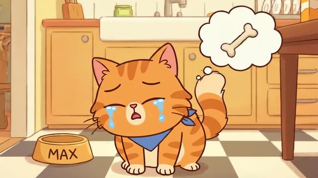 Orange tabby cat max stands on the kitchen floor with tearful eyes and paws clasped, pleading at an empty food bowl &mdash; cute, sad, and comically desperate for a meal