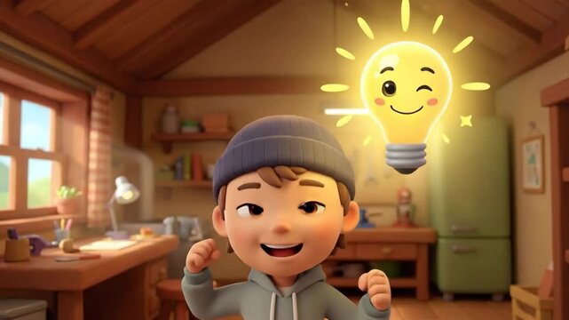 Young boy in a cozy rustic workshop gazes at a glowing, winking lightbulb above his head, symbolizing a playful moment of inspiration, imagination and a bright new idea