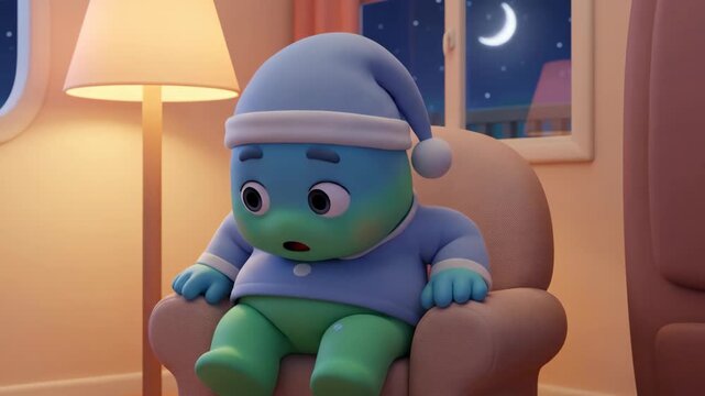 Adorable animated character enjoying a deep sleep in a plush armchair, wearing pajamas and a nightcap, illuminated by a warm lamp light with the crescent moon visible outside a bedroom window