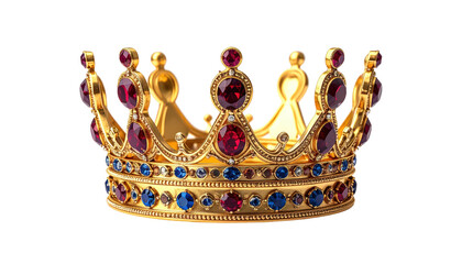 A gold crown with ruby & sapphire jewels on a black background, regal and ornate