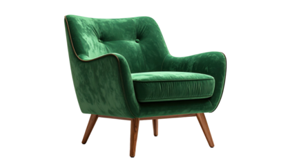 A plush, emerald green armchair with wooden legs, resting against a black backdrop