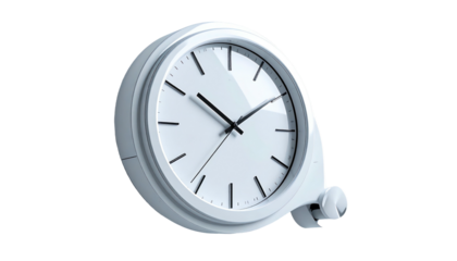 Modern white clock with hands, mounted and floating on a black background