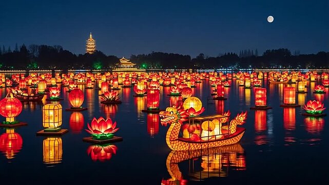 Traditional Chinese lanterns floating on water with a dragon boat under a full moon at night