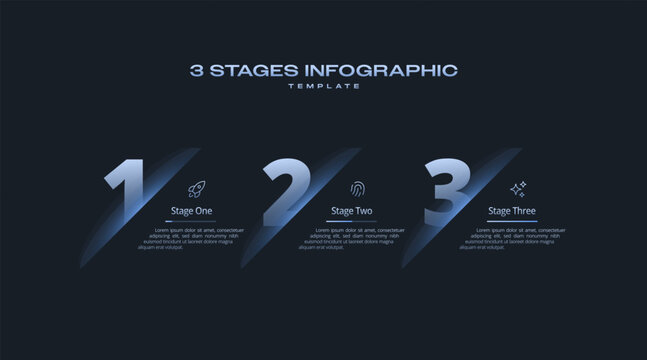 Dark Tech Vector Infographic Design with 3 Options or Steps, Minimal Icon and Number Layout, Black Theme diagram info, and Bar Progress Visualization