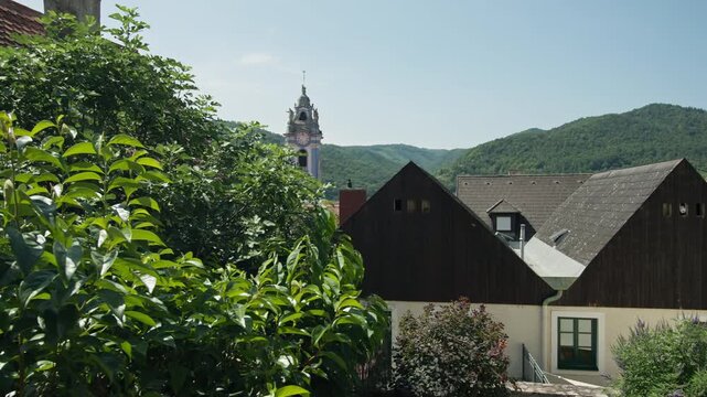 Tourist streets of Durnstein Wachau Valley Austria. Historic traditional architecture of houses in Europe.