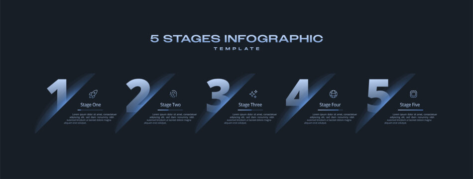 Dark Tech Vector Infographic Design with 5 Options or Steps, Minimal Icon and Number Layout, Black Theme diagram info, and Bar Progress Visualization