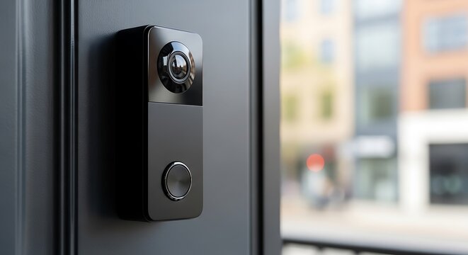 Black smart doorbell mounted on a gray door with a city view in the background